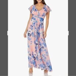 Eliza J Floral Embellished V Neck Flutter Sleeve Gown Dress Blue Pink 14P